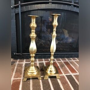 Stunning vintage gold brass large and heavy candlestick holders 17.5 and 18”